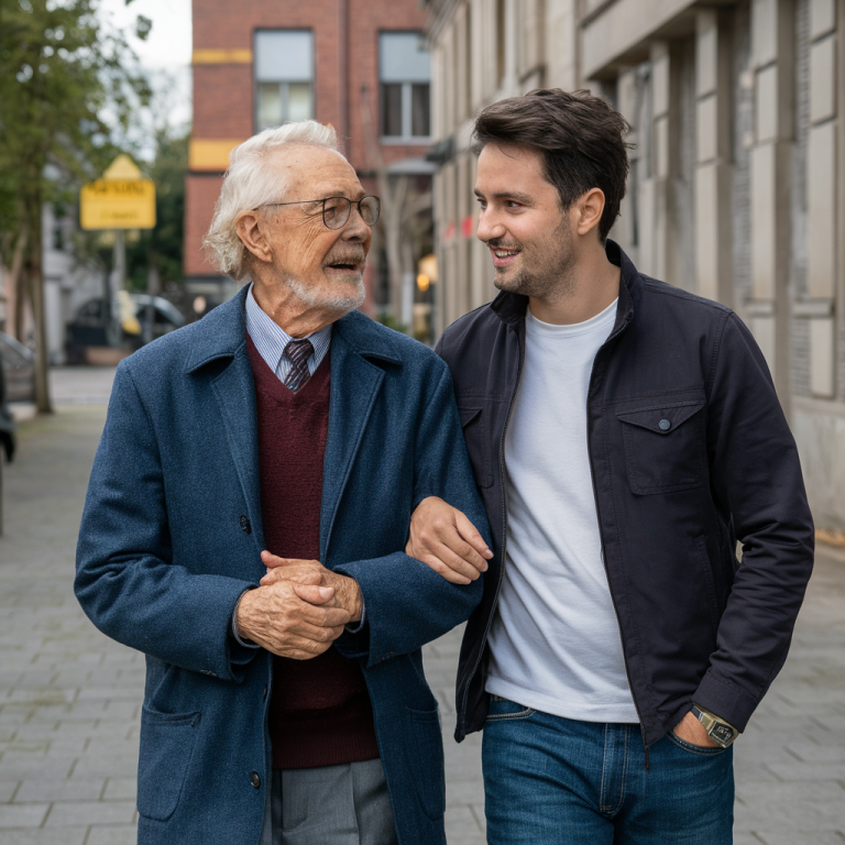 Ein junger Mann hakt einen Senior unter.