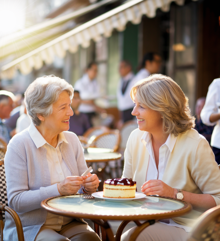 Zwei Frauen sitzen im Café und essen Kuchen.