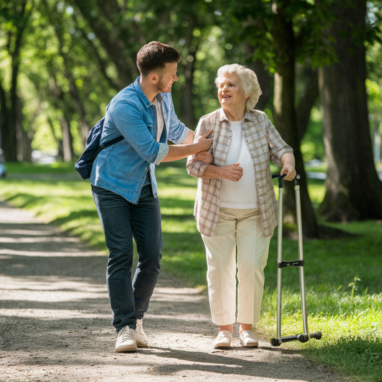 Ein junger Mann begleitet eine Seniorin mit Gehhilfe im Park.