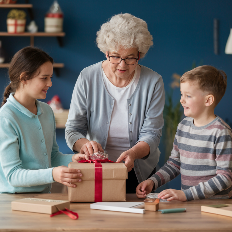 Eine Oma packt zusammen mit zwei Enkeln ein Geschenk ein.