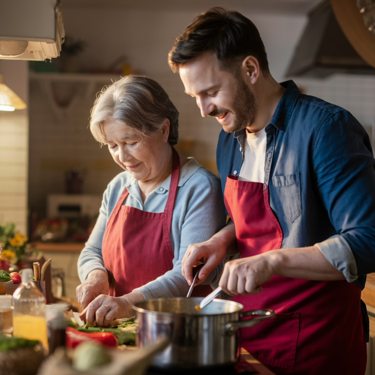 Ein Mann mittleren Alters und eine Seniorin kochen gemeinsam.